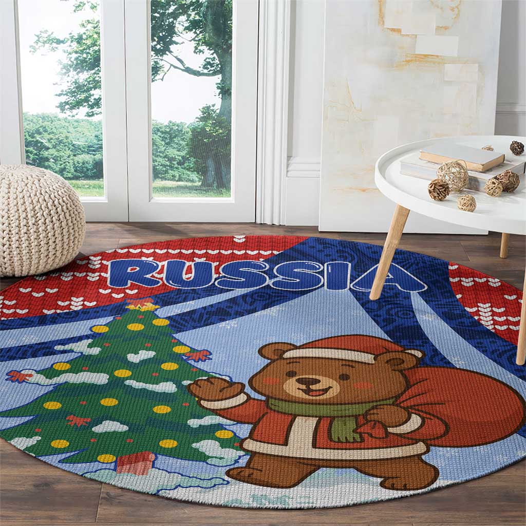 Russia Christmas Round Carpet with Santa Bear Gift Box Christmas Tree and Red Snowflake - Wonder Print Shop