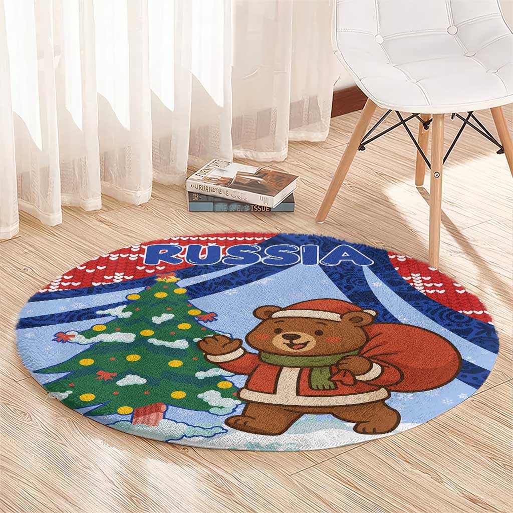 Russia Christmas Round Carpet with Santa Bear Gift Box Christmas Tree and Red Snowflake - Wonder Print Shop