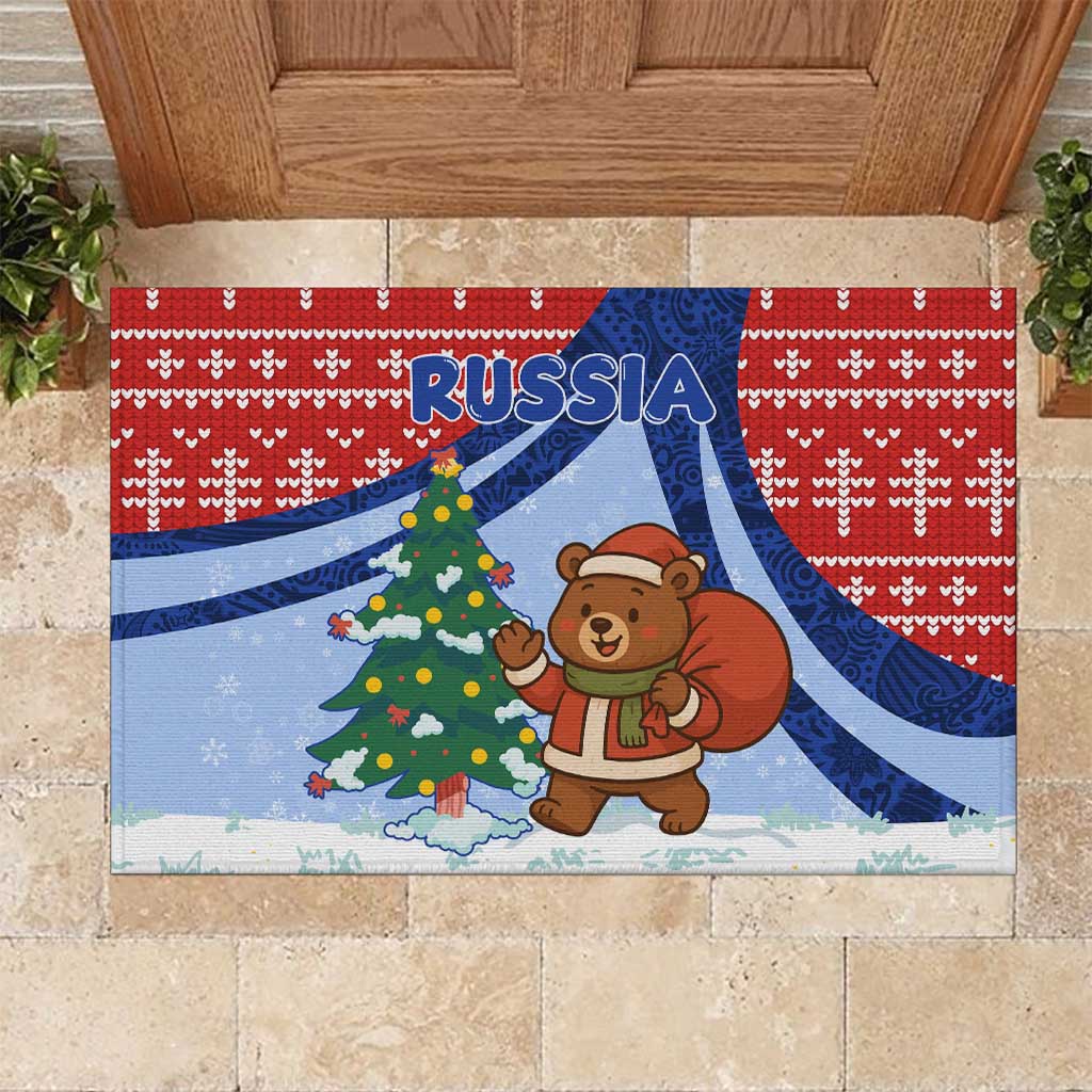 Russia Christmas Rubber Doormat with Santa Bear Gift Box Christmas Tree and Red Snowflake - Wonder Print Shop