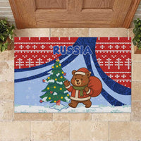 Russia Christmas Rubber Doormat with Santa Bear Gift Box Christmas Tree and Red Snowflake - Wonder Print Shop