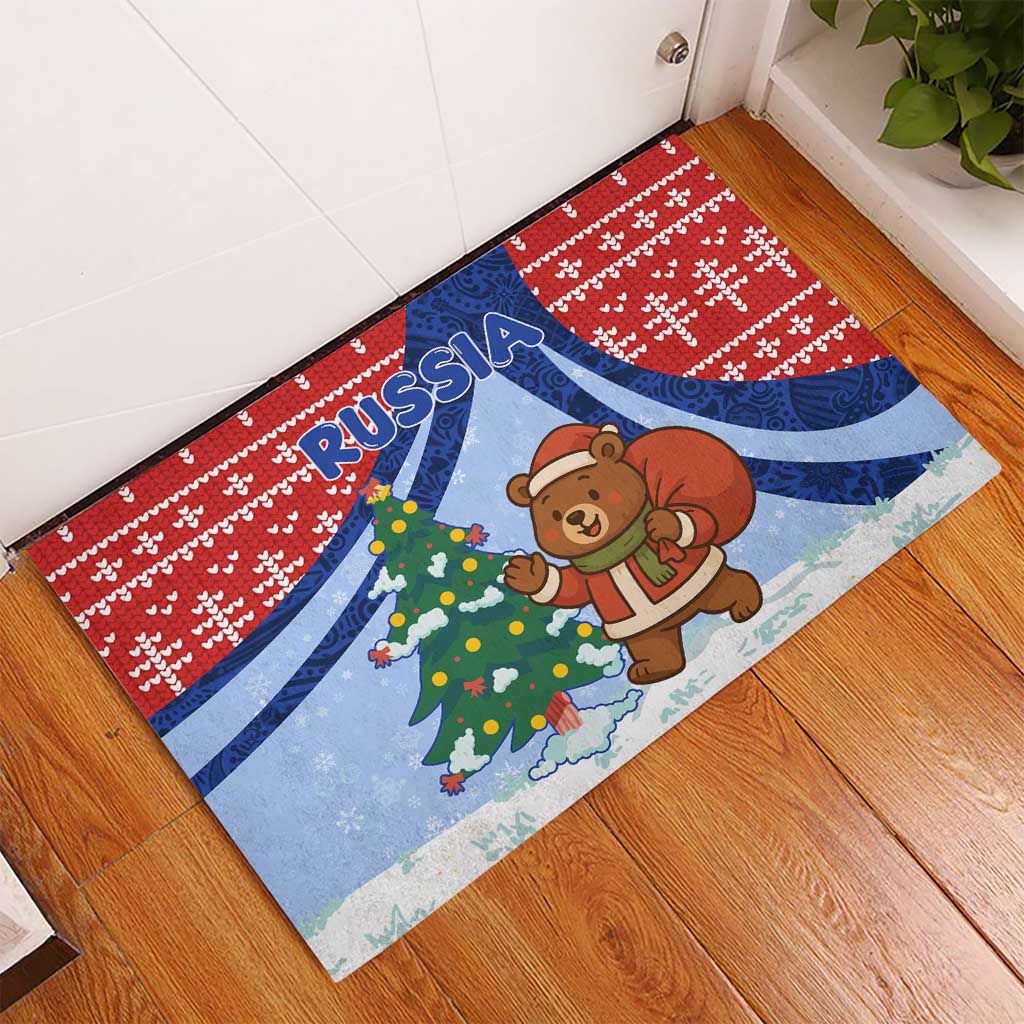 Russia Christmas Rubber Doormat with Santa Bear Gift Box Christmas Tree and Red Snowflake - Wonder Print Shop