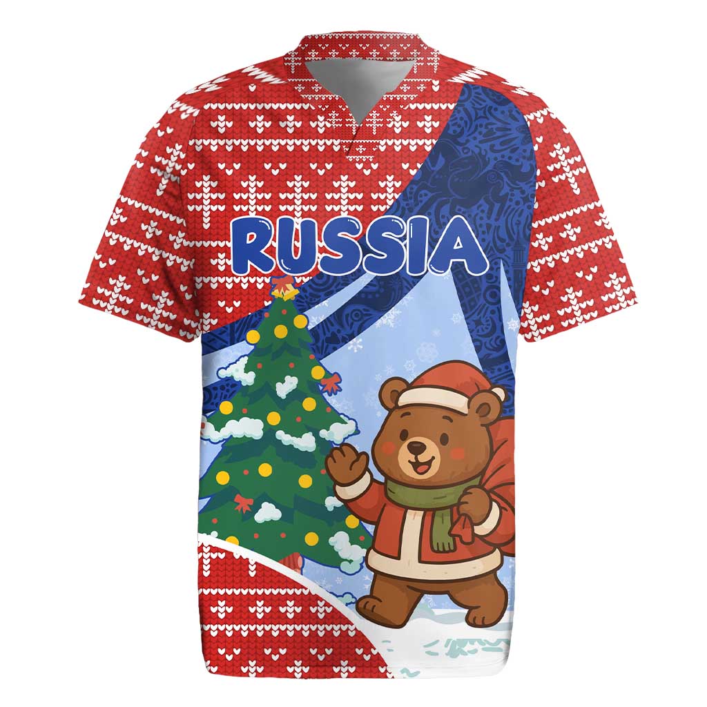 Russia Christmas Rugby Jersey with Santa Bear Gift Box Christmas Tree and Red Snowflake - Wonder Print Shop
