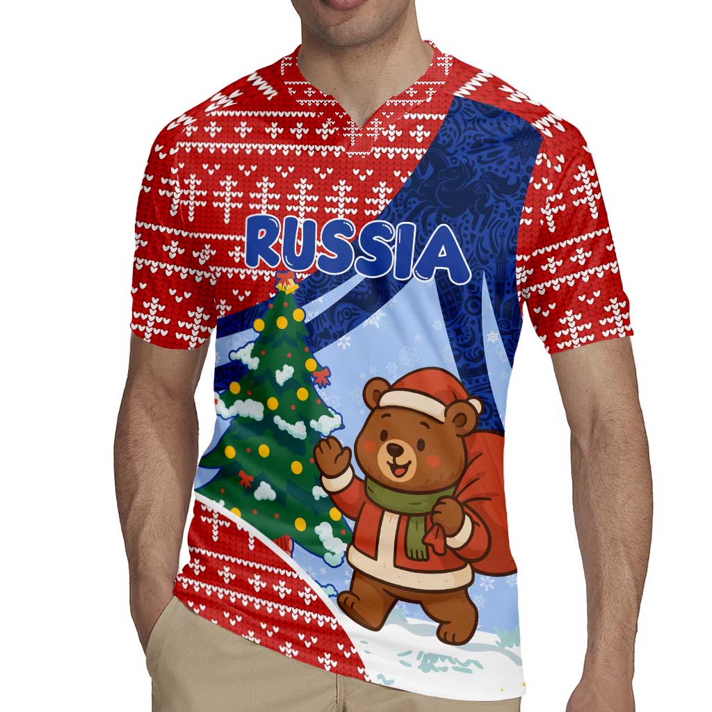 Russia Christmas Rugby Jersey with Santa Bear Gift Box Christmas Tree and Red Snowflake - Wonder Print Shop