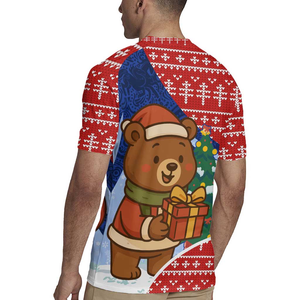 Russia Christmas Rugby Jersey with Santa Bear Gift Box Christmas Tree and Red Snowflake - Wonder Print Shop