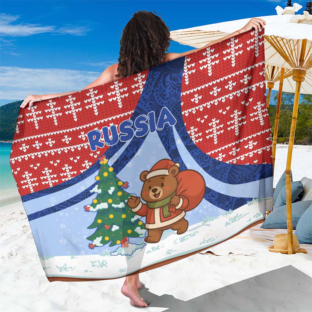 Russia Christmas Sarong with Santa Bear Gift Box Christmas Tree and Red Snowflake - Wonder Print Shop