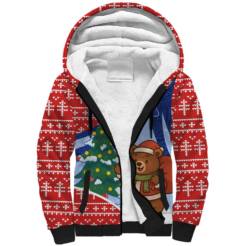 Russia Christmas Sherpa Hoodie with Santa Bear Gift Box Christmas Tree and Red Snowflake - Wonder Print Shop