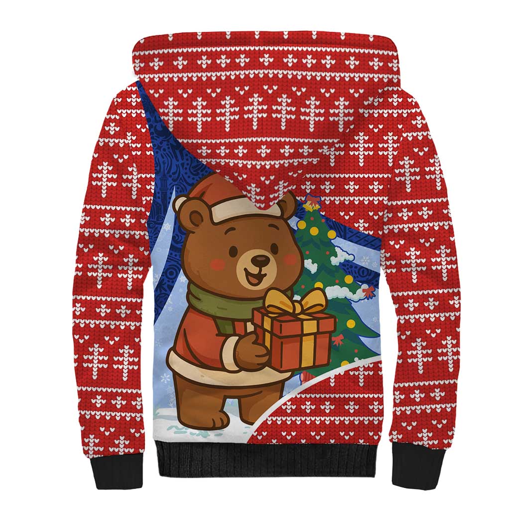 Russia Christmas Sherpa Hoodie with Santa Bear Gift Box Christmas Tree and Red Snowflake - Wonder Print Shop