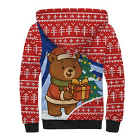 Russia Christmas Sherpa Hoodie with Santa Bear Gift Box Christmas Tree and Red Snowflake - Wonder Print Shop