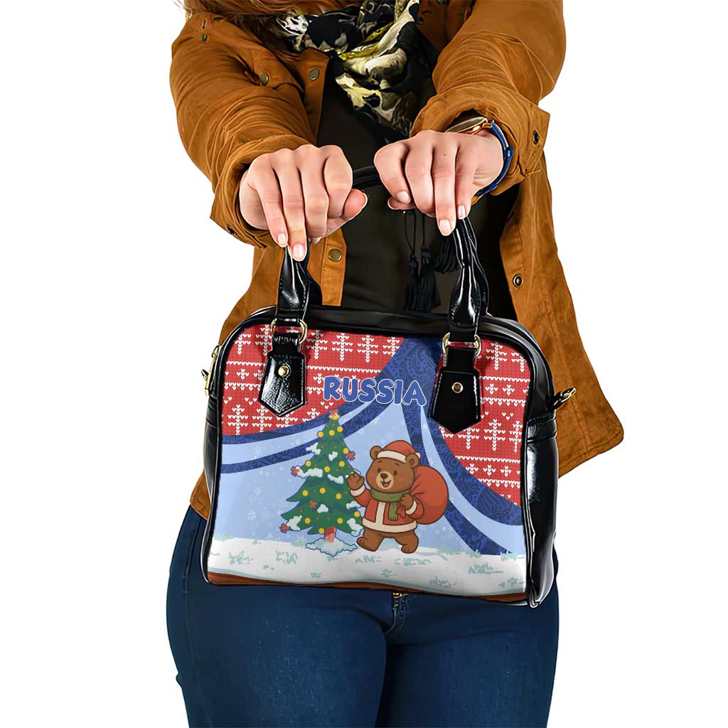 Russia Christmas Shoulder Handbag with Santa Bear Gift Box Christmas Tree and Red Snowflake - Wonder Print Shop