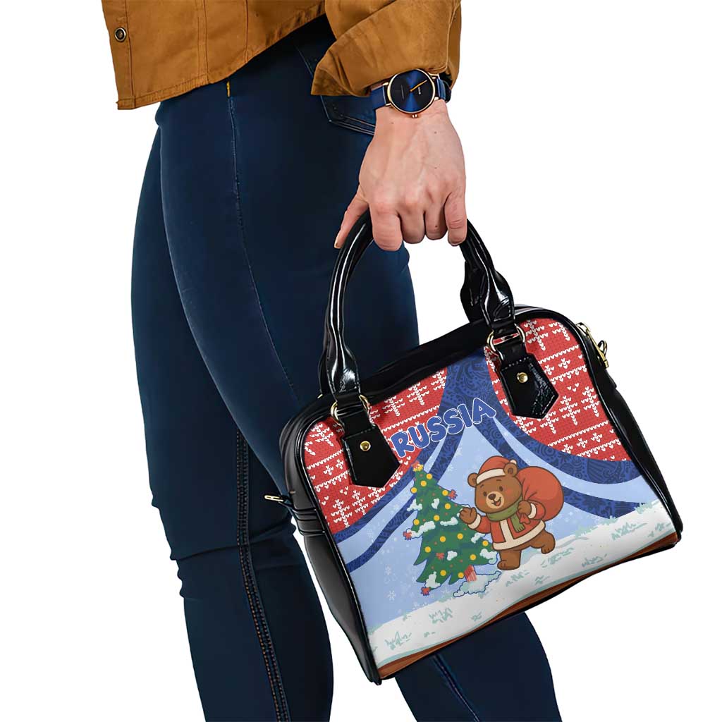 Russia Christmas Shoulder Handbag with Santa Bear Gift Box Christmas Tree and Red Snowflake - Wonder Print Shop
