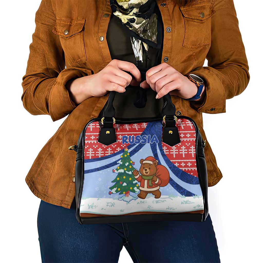 Russia Christmas Shoulder Handbag with Santa Bear Gift Box Christmas Tree and Red Snowflake - Wonder Print Shop