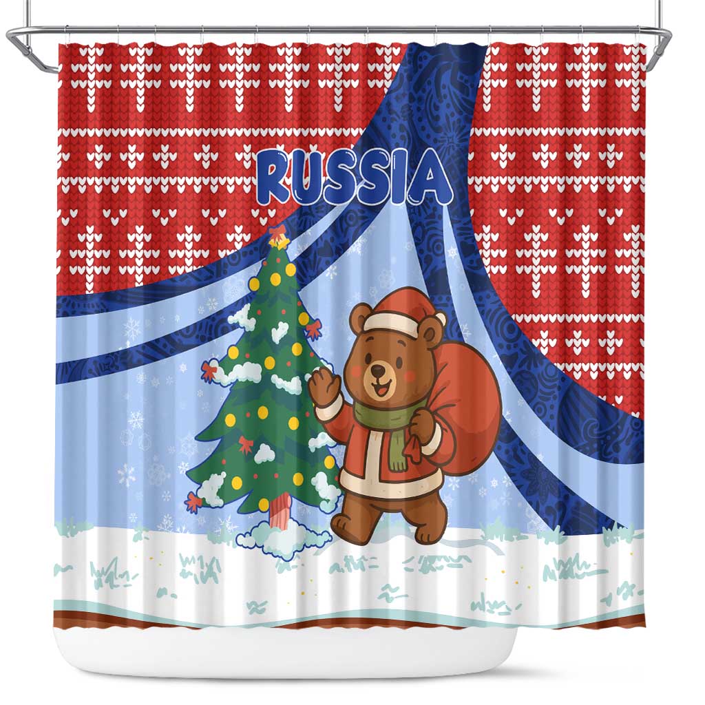 Russia Christmas Shower Curtain with Santa Bear Gift Box Christmas Tree and Red Snowflake - Wonder Print Shop