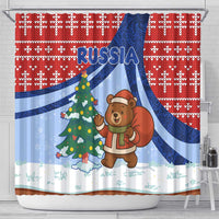 Russia Christmas Shower Curtain with Santa Bear Gift Box Christmas Tree and Red Snowflake - Wonder Print Shop