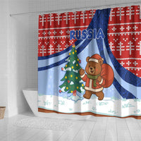 Russia Christmas Shower Curtain with Santa Bear Gift Box Christmas Tree and Red Snowflake - Wonder Print Shop