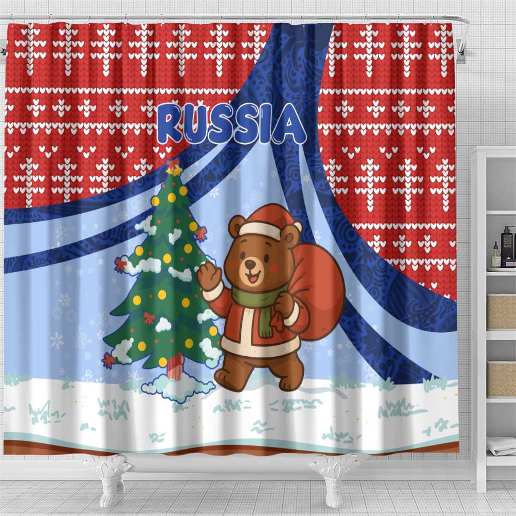 Russia Christmas Shower Curtain with Santa Bear Gift Box Christmas Tree and Red Snowflake - Wonder Print Shop