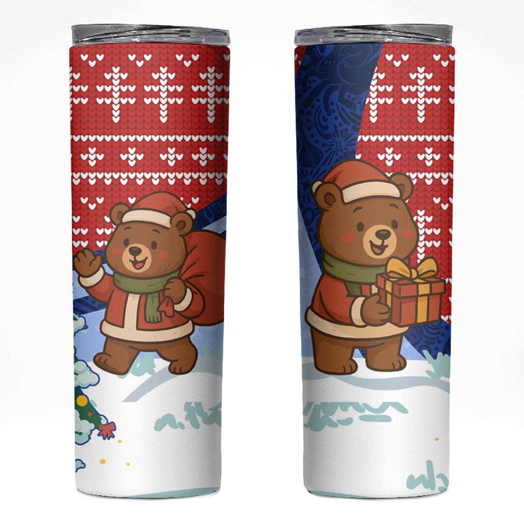 Russia Christmas Skinny Tumbler with Santa Bear Gift Box Christmas Tree and Red Snowflake - Wonder Print Shop