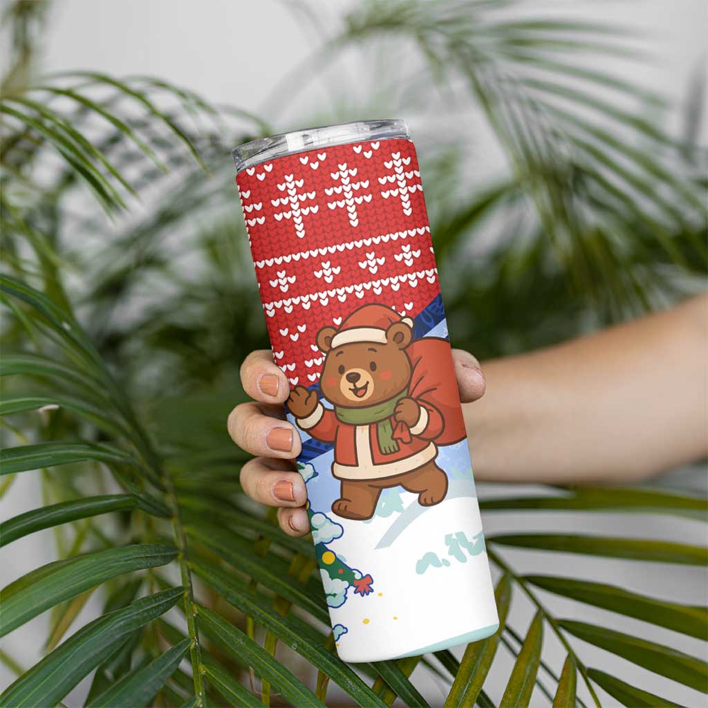 Russia Christmas Skinny Tumbler with Santa Bear Gift Box Christmas Tree and Red Snowflake - Wonder Print Shop