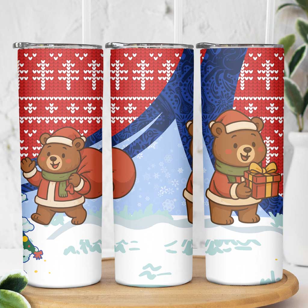 Russia Christmas Skinny Tumbler with Santa Bear Gift Box Christmas Tree and Red Snowflake - Wonder Print Shop