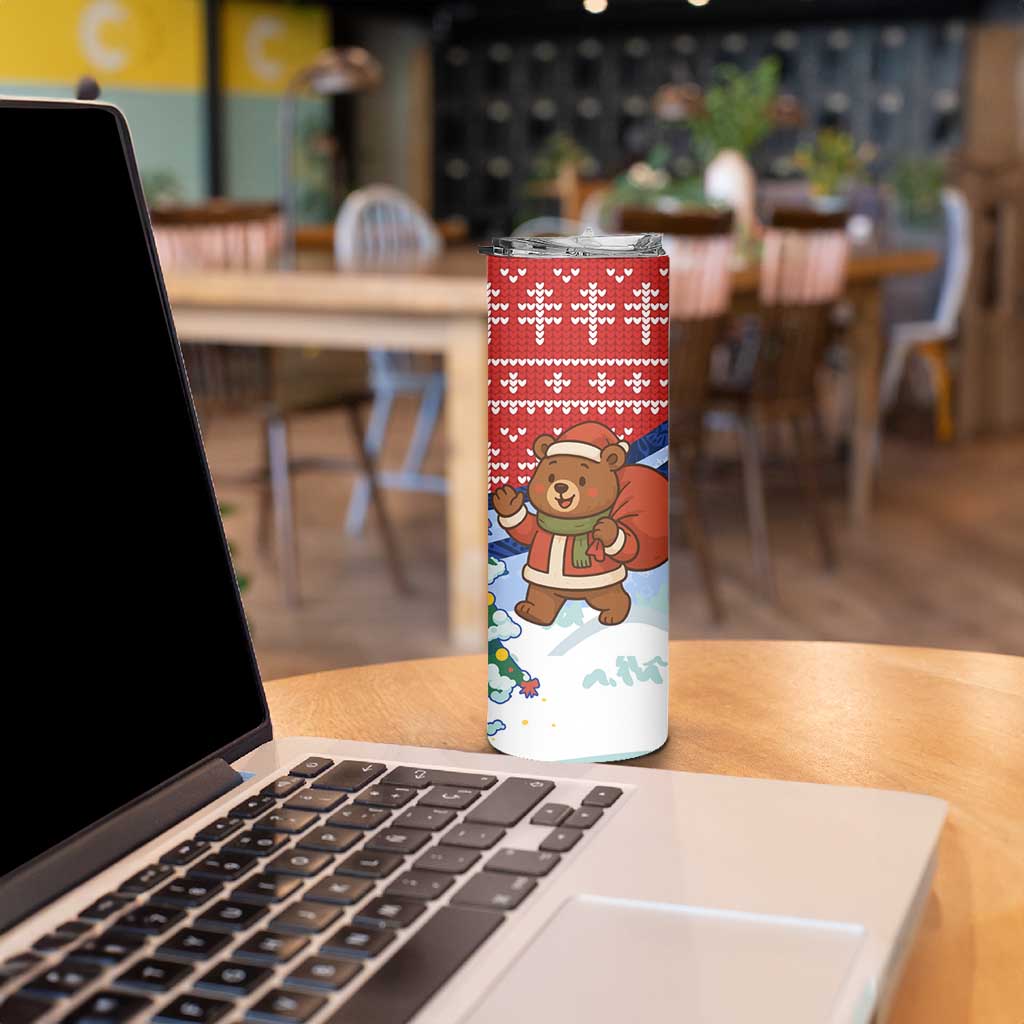 Russia Christmas Skinny Tumbler with Santa Bear Gift Box Christmas Tree and Red Snowflake - Wonder Print Shop