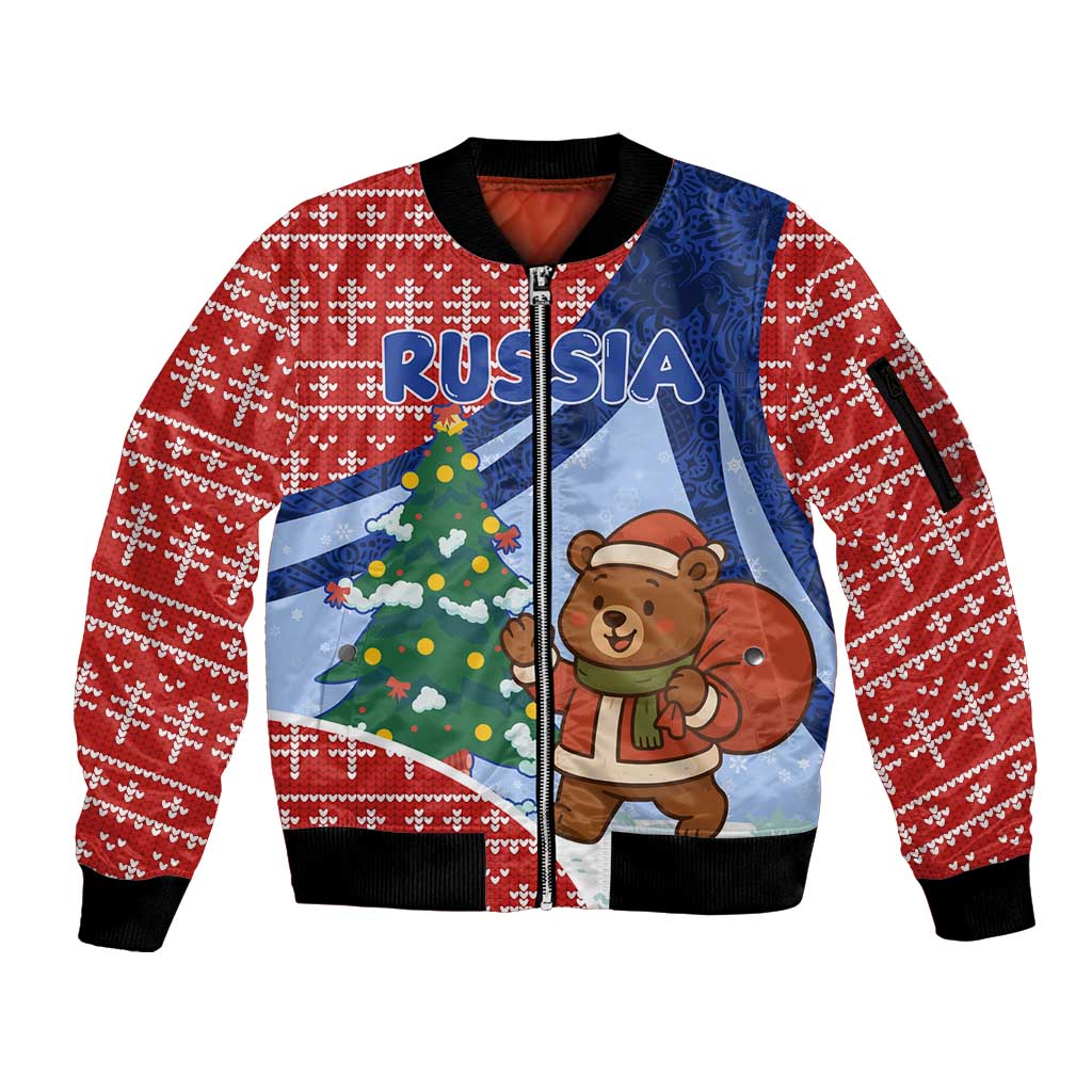 Russia Christmas Sleeve Zip Bomber Jacket with Santa Bear Gift Box Christmas Tree and Red Snowflake - Wonder Print Shop