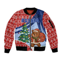 Russia Christmas Sleeve Zip Bomber Jacket with Santa Bear Gift Box Christmas Tree and Red Snowflake - Wonder Print Shop