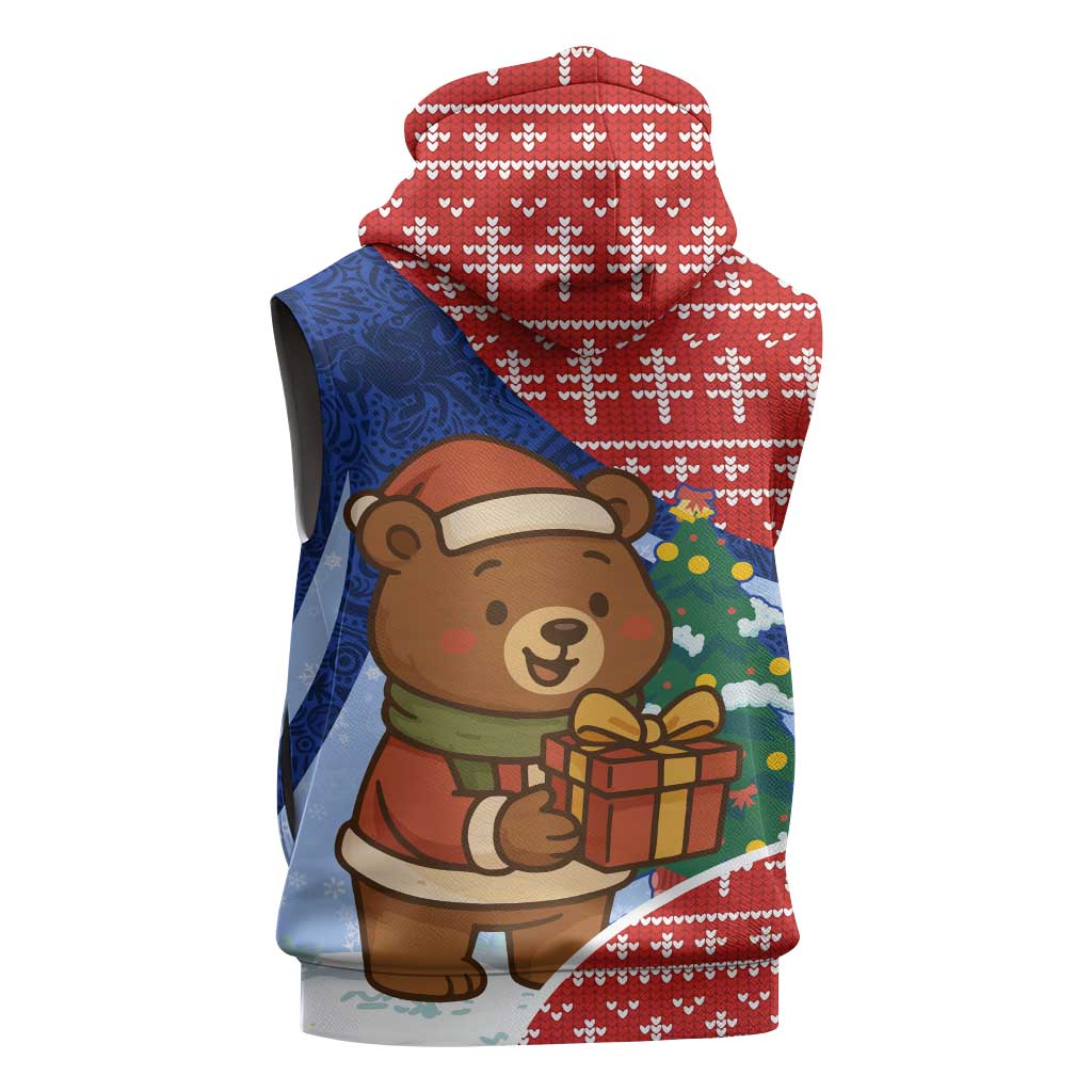 Russia Christmas Sleeveless Hoodie with Santa Bear Gift Box Christmas Tree and Red Snowflake - Wonder Print Shop