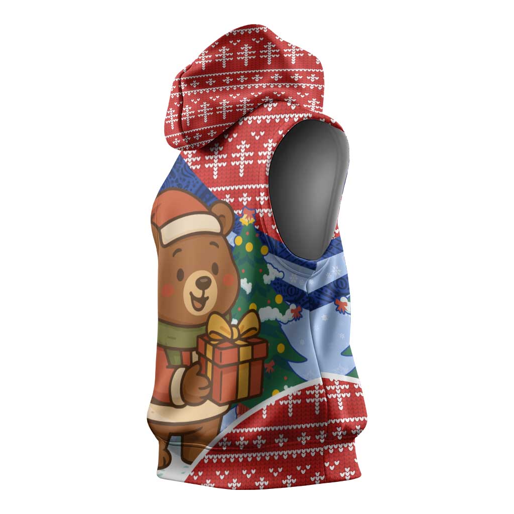 Russia Christmas Sleeveless Hoodie with Santa Bear Gift Box Christmas Tree and Red Snowflake - Wonder Print Shop