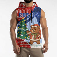 Russia Christmas Sleeveless Hoodie with Santa Bear Gift Box Christmas Tree and Red Snowflake - Wonder Print Shop