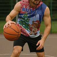 Russia Christmas Sleeveless Hoodie with Santa Bear Gift Box Christmas Tree and Red Snowflake - Wonder Print Shop