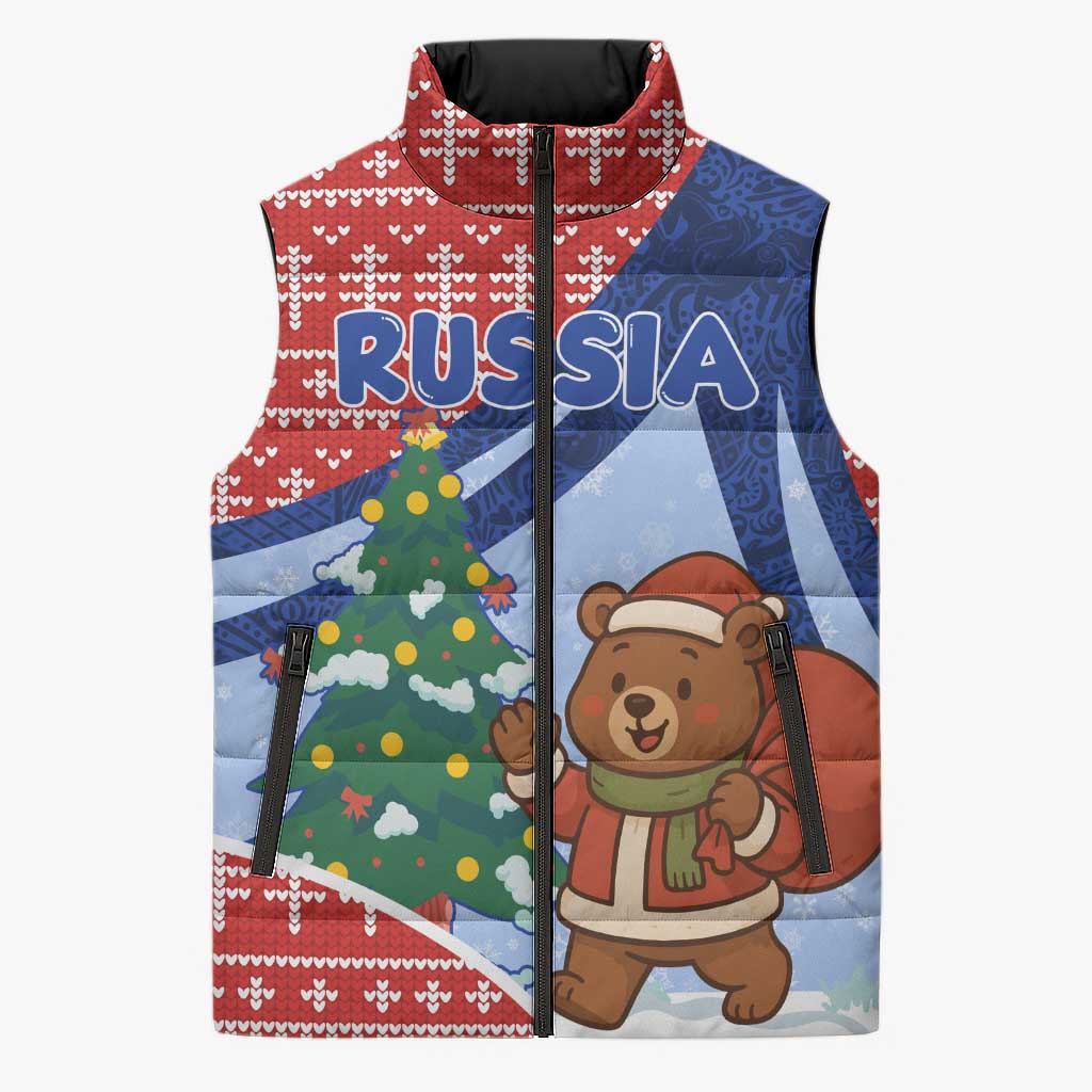 Russia Christmas Sleeveless Puffer Jacket with Santa Bear Gift Box Christmas Tree and Red Snowflake - Wonder Print Shop