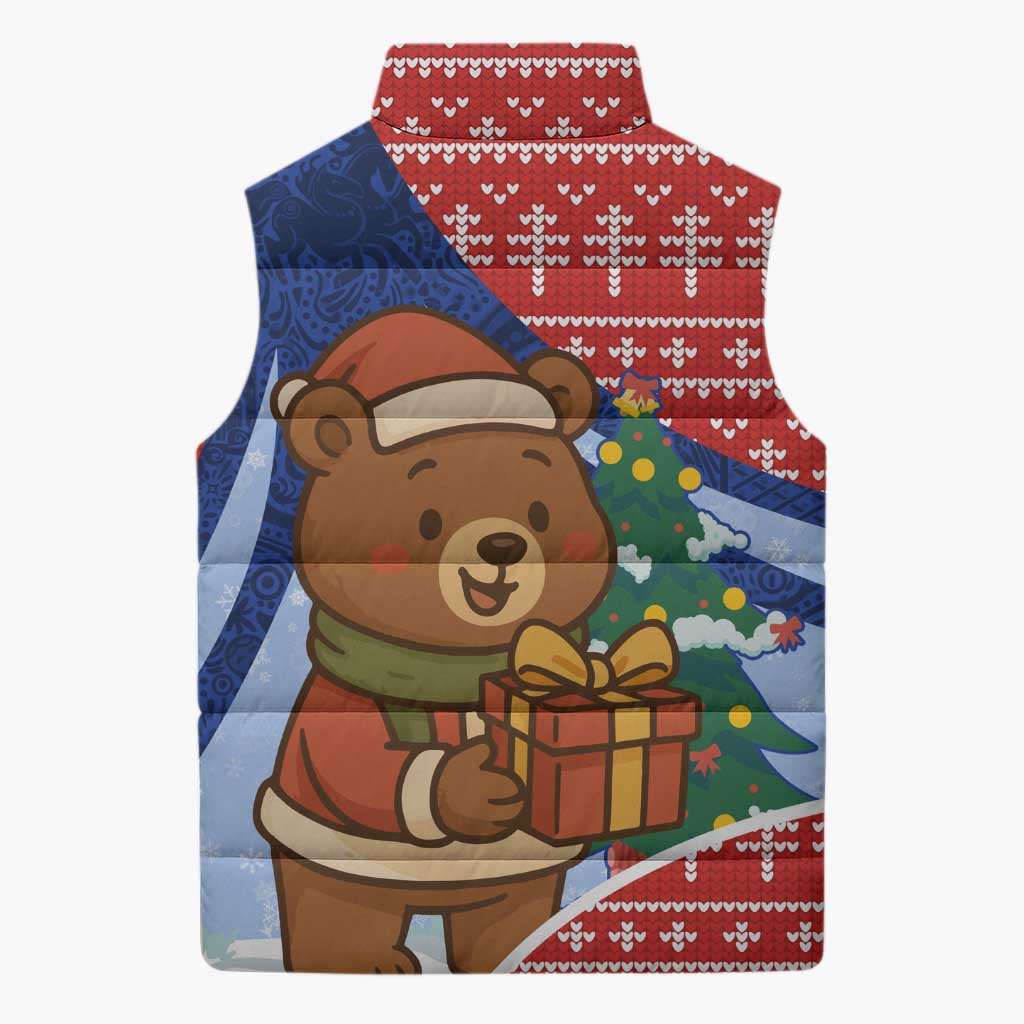 Russia Christmas Sleeveless Puffer Jacket with Santa Bear Gift Box Christmas Tree and Red Snowflake - Wonder Print Shop