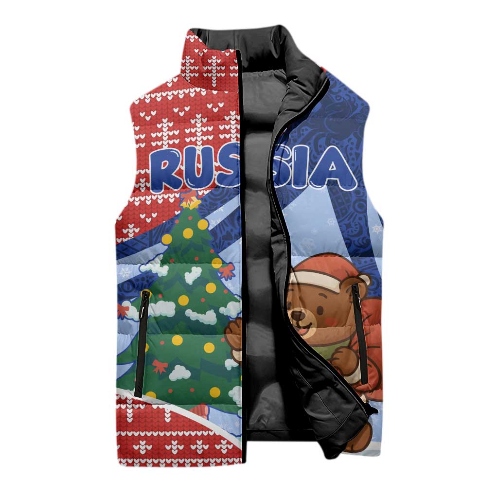 Russia Christmas Sleeveless Puffer Jacket with Santa Bear Gift Box Christmas Tree and Red Snowflake - Wonder Print Shop