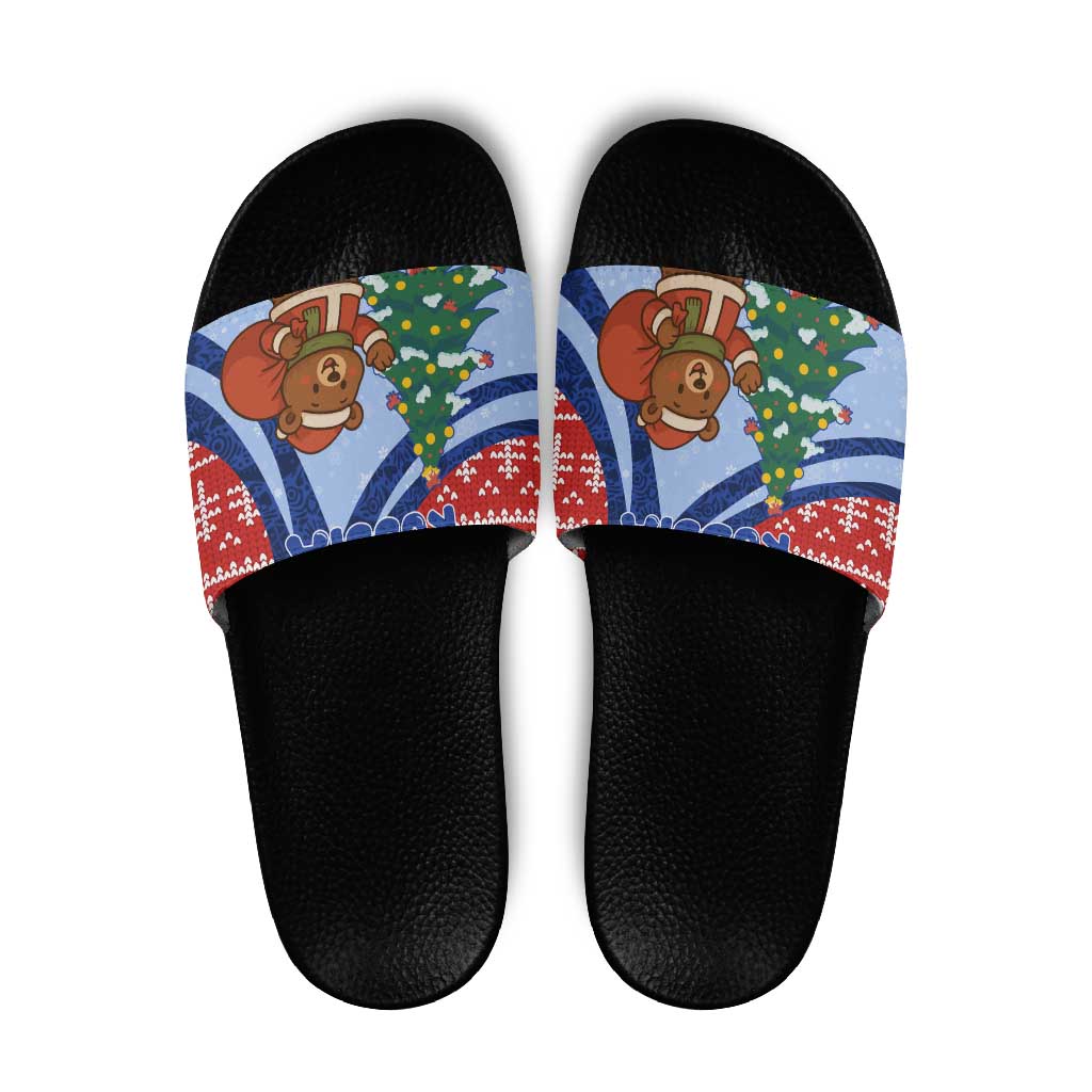 Russia Christmas Slide Sandals with Santa Bear Gift Box Christmas Tree and Red Snowflake - Wonder Print Shop