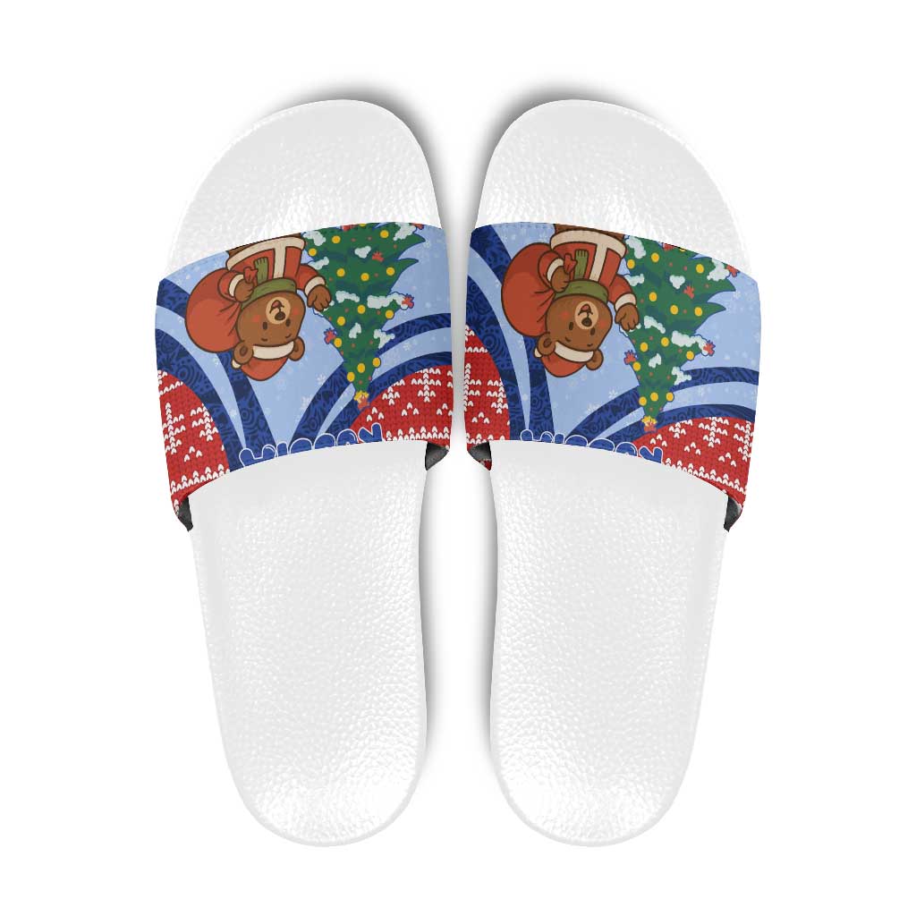 Russia Christmas Slide Sandals with Santa Bear Gift Box Christmas Tree and Red Snowflake - Wonder Print Shop