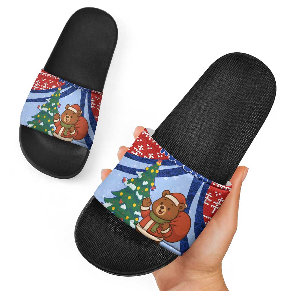 Russia Christmas Slide Sandals with Santa Bear Gift Box Christmas Tree and Red Snowflake - Wonder Print Shop