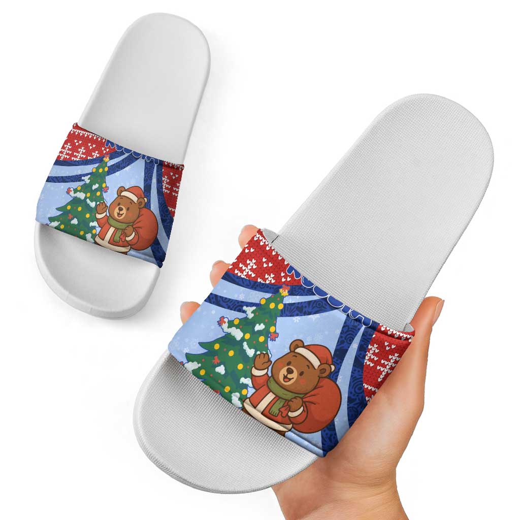 Russia Christmas Slide Sandals with Santa Bear Gift Box Christmas Tree and Red Snowflake - Wonder Print Shop