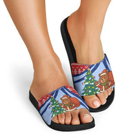 Russia Christmas Slide Sandals with Santa Bear Gift Box Christmas Tree and Red Snowflake - Wonder Print Shop