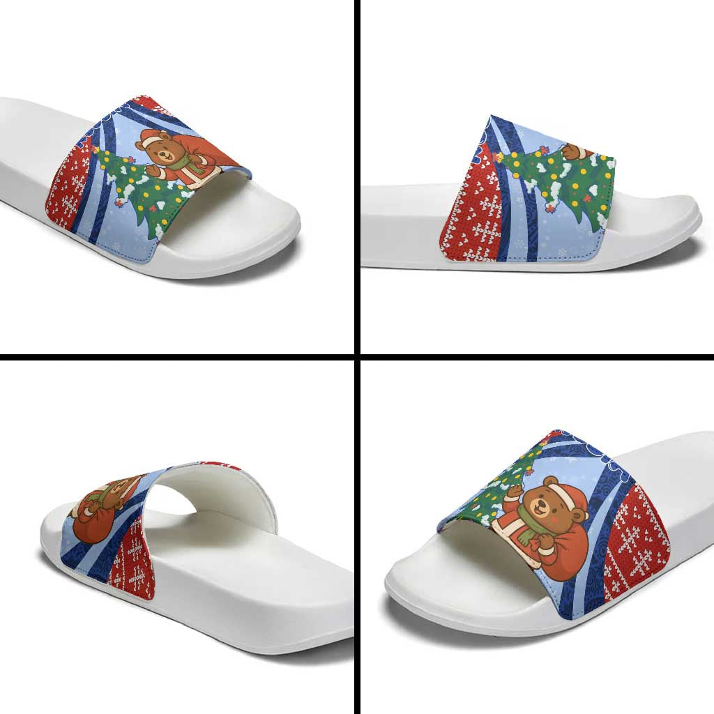 Russia Christmas Slide Sandals with Santa Bear Gift Box Christmas Tree and Red Snowflake - Wonder Print Shop