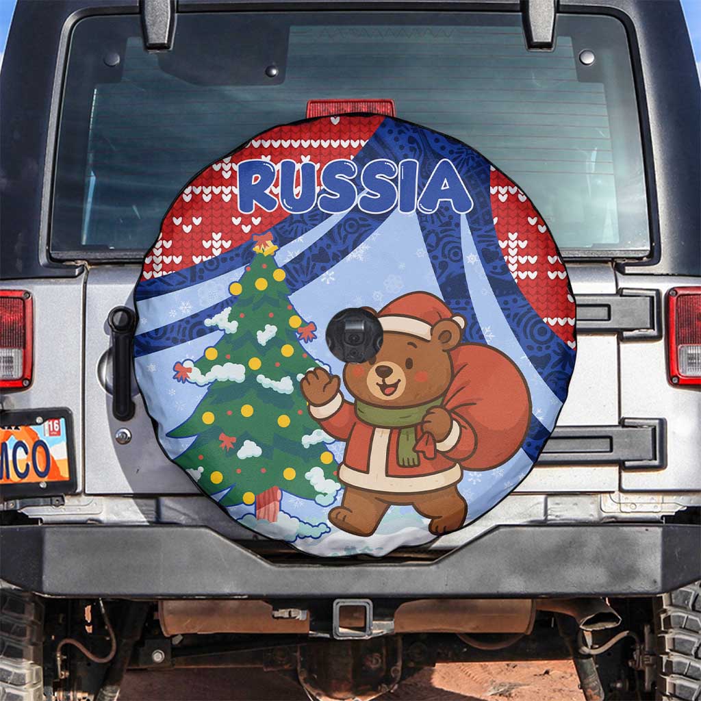 Russia Christmas Spare Tire Cover with Santa Bear Gift Box Christmas Tree and Red Snowflake - Wonder Print Shop