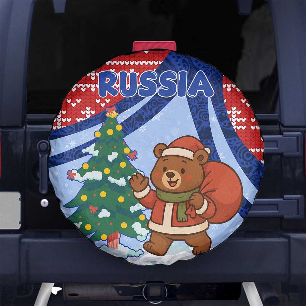 Russia Christmas Spare Tire Cover with Santa Bear Gift Box Christmas Tree and Red Snowflake - Wonder Print Shop