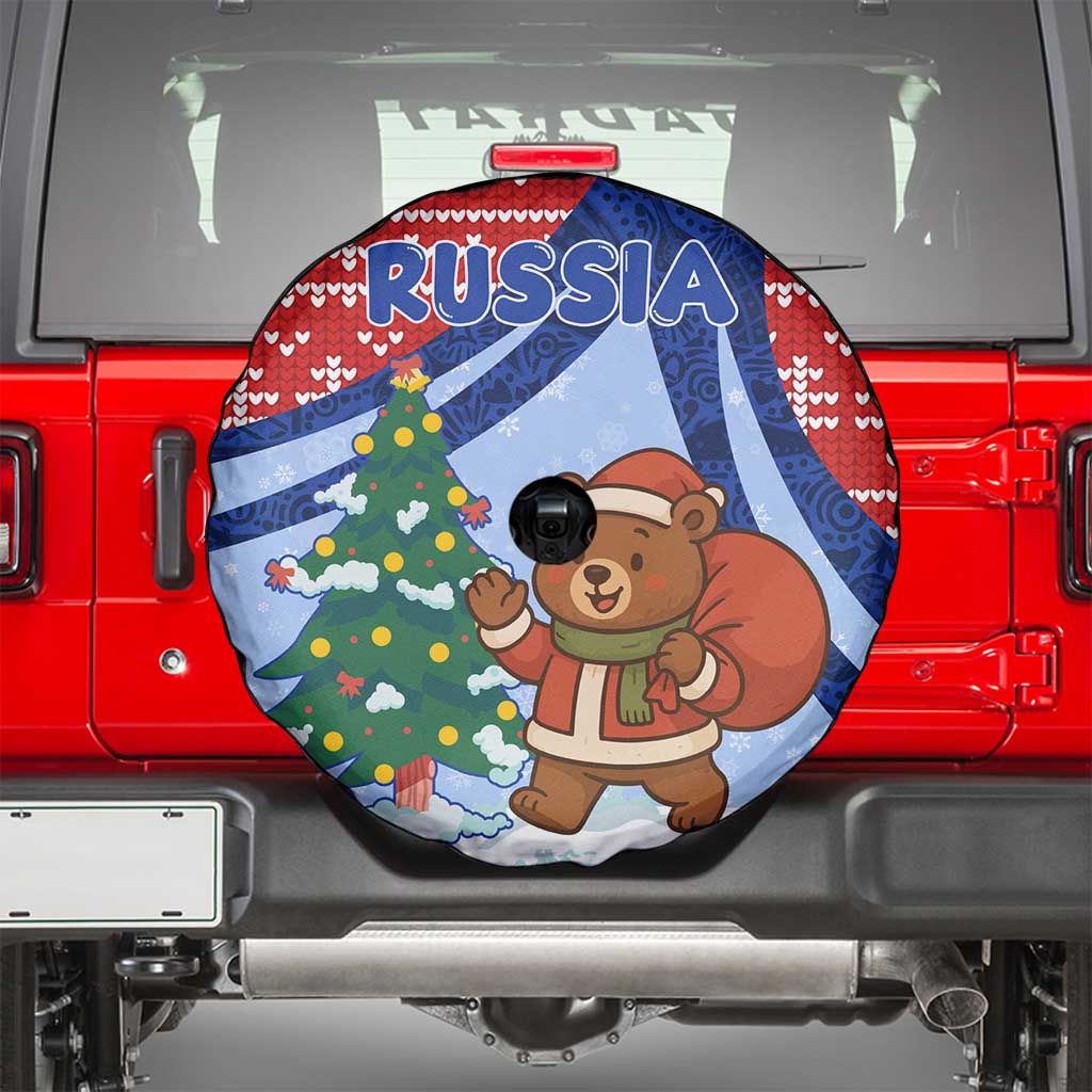 Russia Christmas Spare Tire Cover with Santa Bear Gift Box Christmas Tree and Red Snowflake - Wonder Print Shop