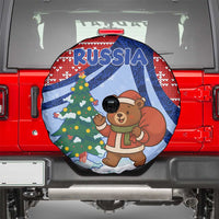 Russia Christmas Spare Tire Cover with Santa Bear Gift Box Christmas Tree and Red Snowflake - Wonder Print Shop