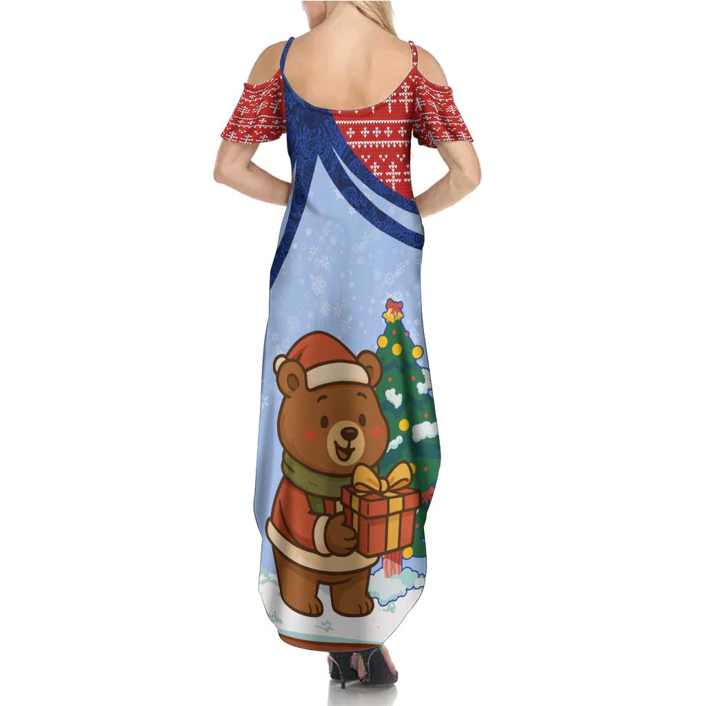 Russia Christmas Summer Maxi Dress with Santa Bear Gift Box Christmas Tree and Red Snowflake - Wonder Print Shop