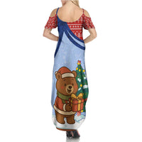 Russia Christmas Summer Maxi Dress with Santa Bear Gift Box Christmas Tree and Red Snowflake - Wonder Print Shop