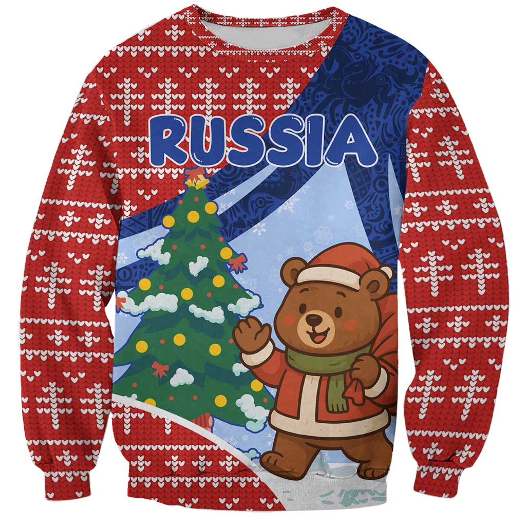 Russia Christmas Sweatshirt with Santa Bear Gift Box Christmas Tree and Red Snowflake - Wonder Print Shop