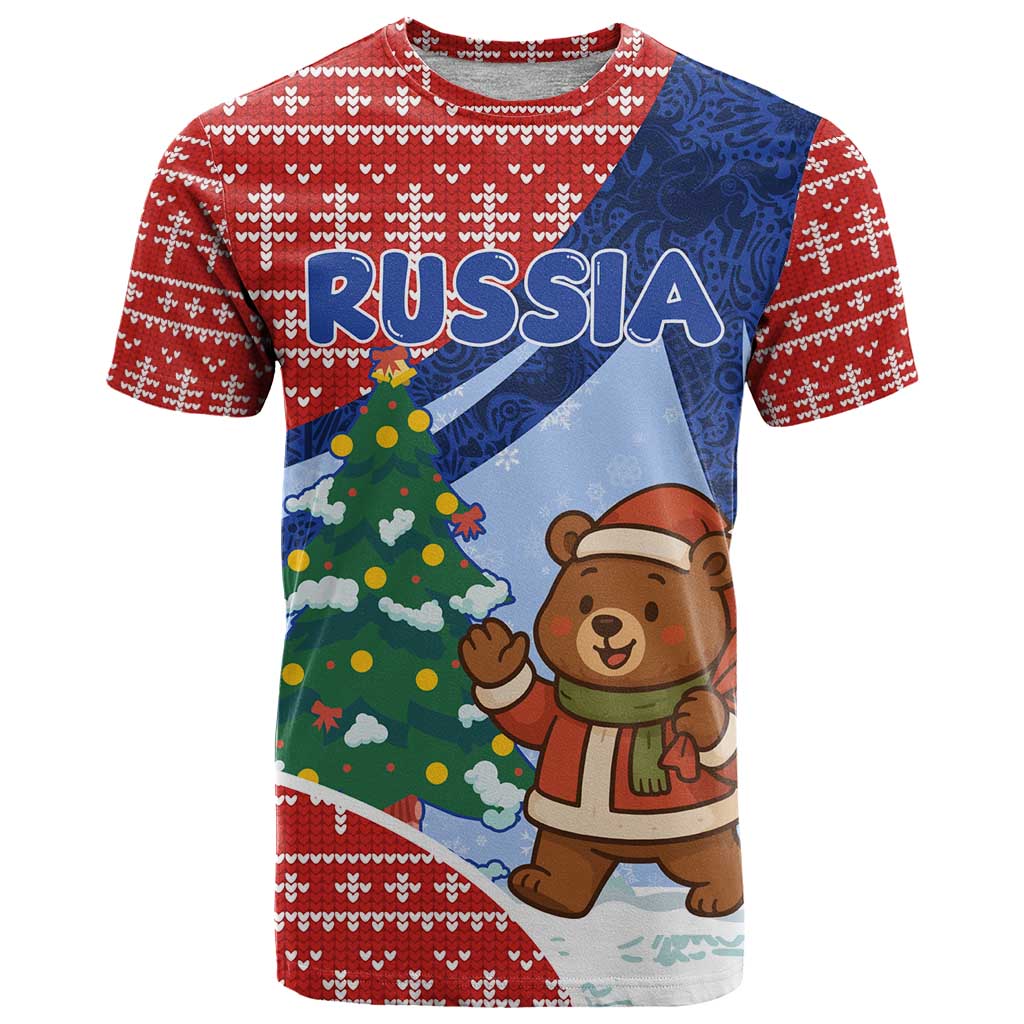 Russia Christmas T Shirt with Santa Bear Gift Box Christmas Tree and Red Snowflake - Wonder Print Shop