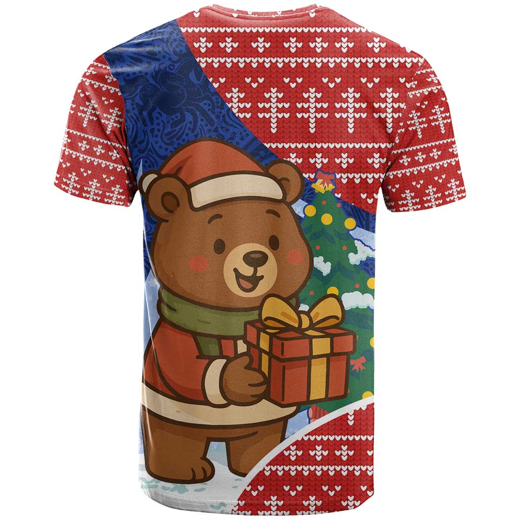 Russia Christmas T Shirt with Santa Bear Gift Box Christmas Tree and Red Snowflake - Wonder Print Shop