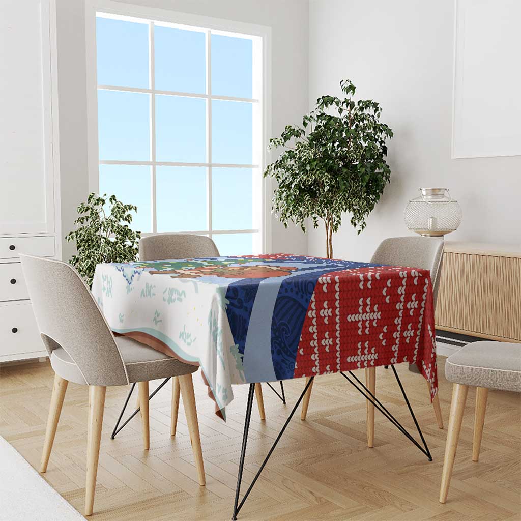 Russia Christmas Tablecloth with Santa Bear Gift Box Christmas Tree and Red Snowflake - Wonder Print Shop