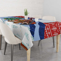 Russia Christmas Tablecloth with Santa Bear Gift Box Christmas Tree and Red Snowflake - Wonder Print Shop