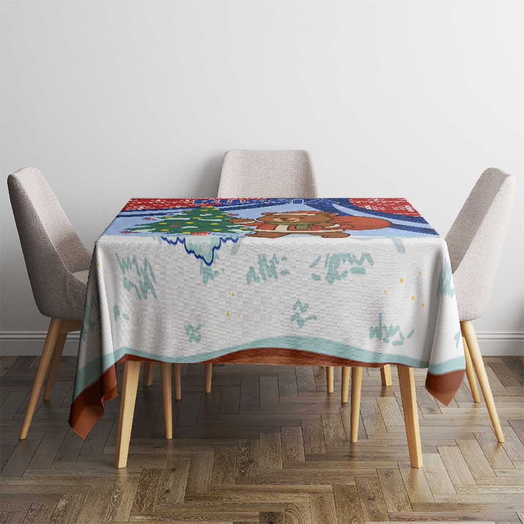 Russia Christmas Tablecloth with Santa Bear Gift Box Christmas Tree and Red Snowflake - Wonder Print Shop